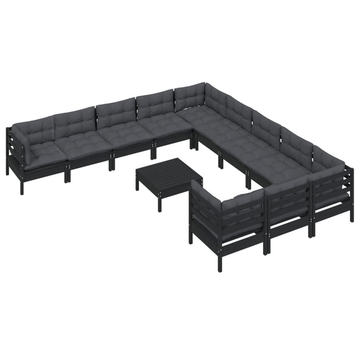 12-tlg. Garten-Lounge-Set mit Kissen Schwarz Kiefernholz