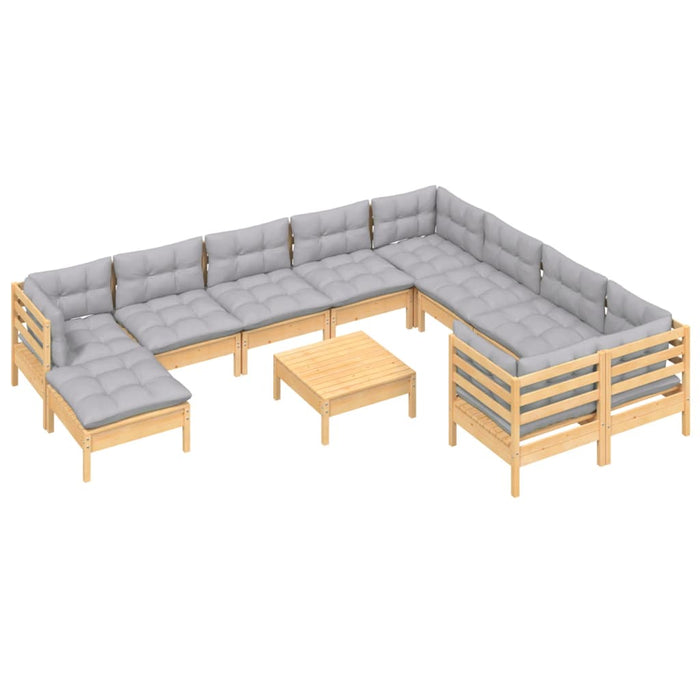 11-tlg. Garten-Lounge-Set mit Grauen Kissen Kiefernholz