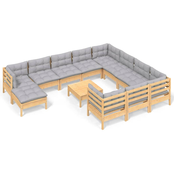 12-tlg. Garten-Lounge-Set mit Grauen Kissen Kiefernholz