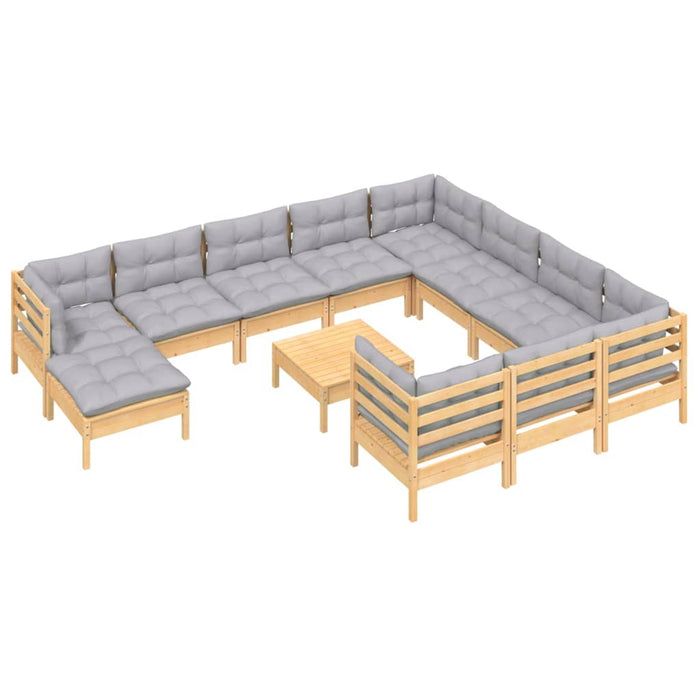 12-tlg. Garten-Lounge-Set mit Grauen Kissen Kiefernholz