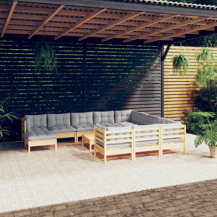 12-tlg. Garten-Lounge-Set mit Grauen Kissen Kiefernholz