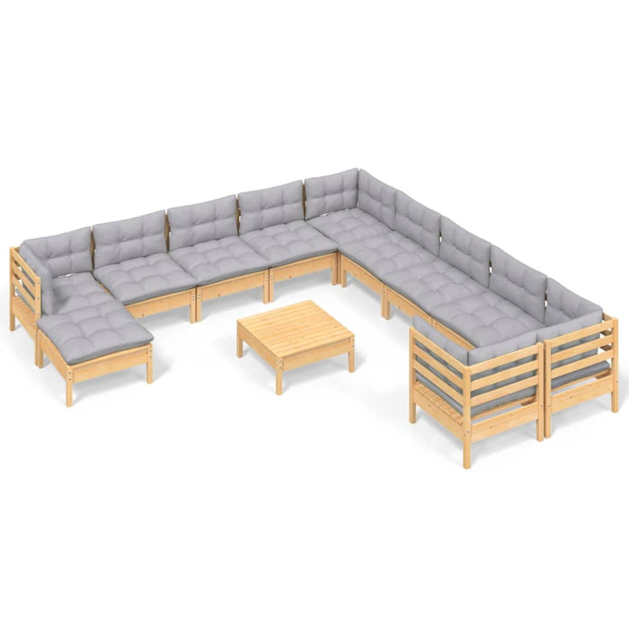 12-tlg. Garten-Lounge-Set mit Grauen Kissen Kiefernholz
