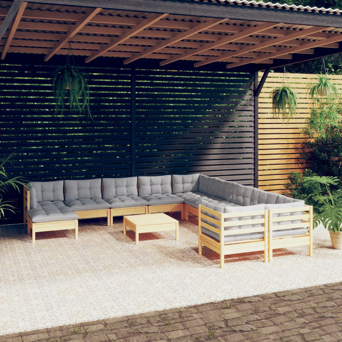 12-tlg. Garten-Lounge-Set mit Grauen Kissen Kiefernholz