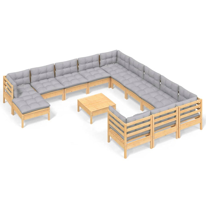 13-tlg. Garten-Lounge-Set mit Grauen Kissen Kiefernholz