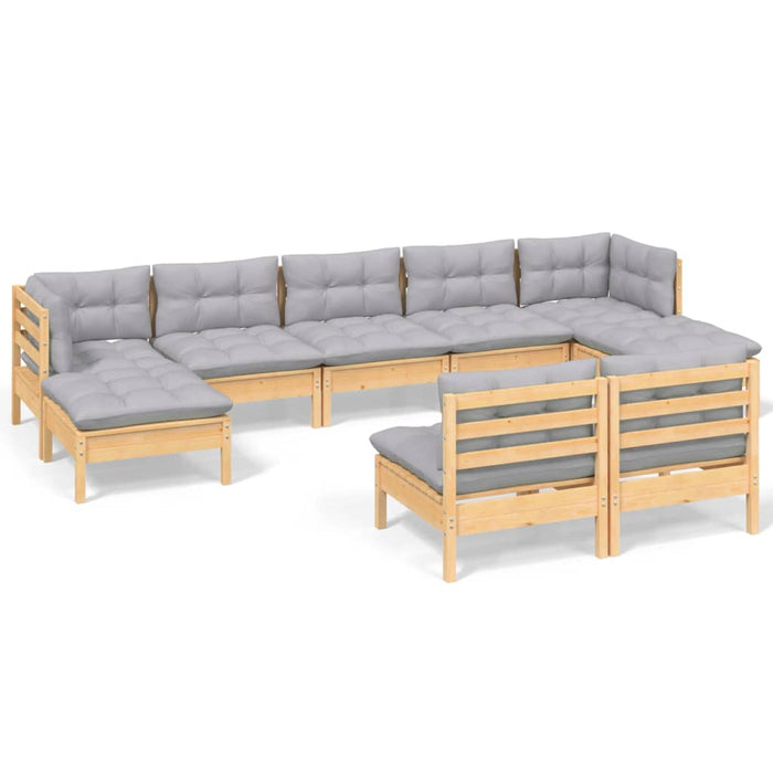9-tlg. Garten-Lounge-Set mit Grauen Kissen Kiefernholz