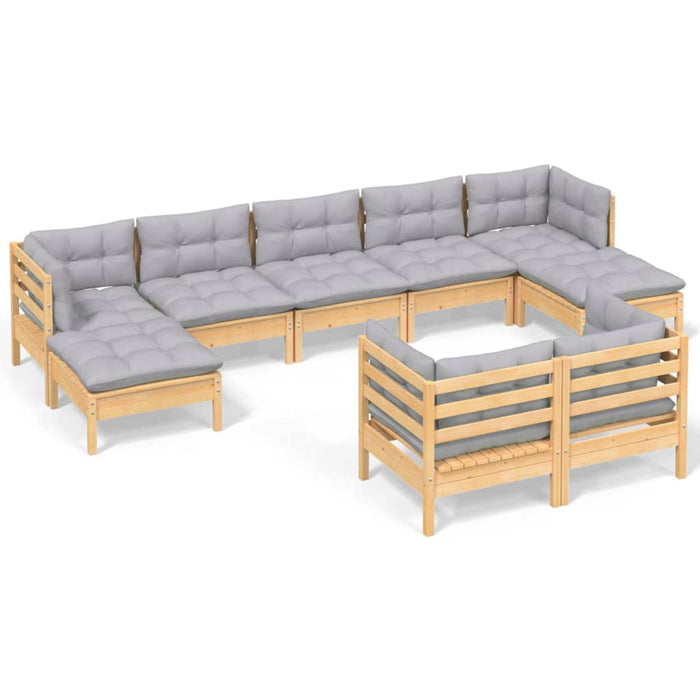 9-tlg. Garten-Lounge-Set mit Grauen Kissen Kiefer Massivholz