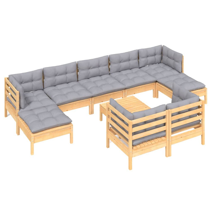 10 pcs. Garden Lounge Set with Gray Cushions Solid Pine Wood