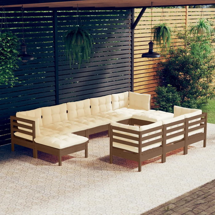 10 pcs. Garden lounge set with cushions honey brown pine wood