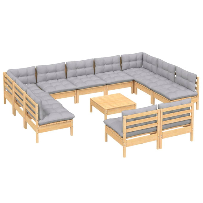 12-tlg. Garten-Lounge-Set mit Grauen Kissen Kiefer Massivholz