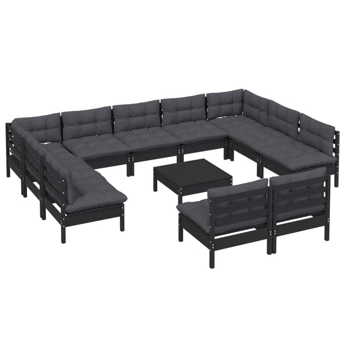 12-tlg. Garten-Lounge-Set mit Kissen Schwarz Massivholz Kiefer
