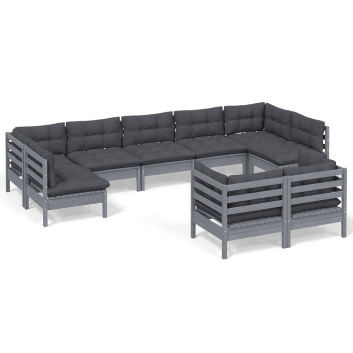 9-tlg. Garten-Lounge-Set mit Kissen Grau Kiefer Massivholz