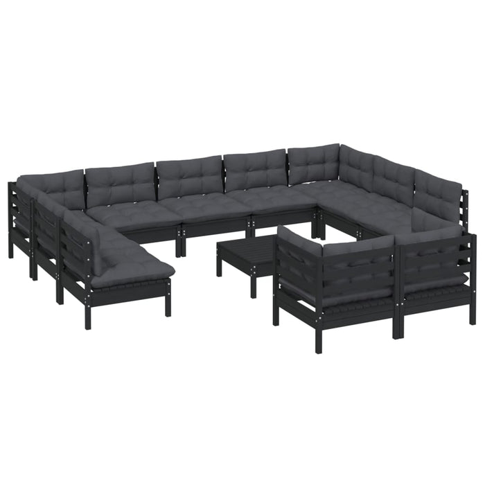 12-tlg. Garten-Lounge-Set mit Kissen Schwarz Massivholz Kiefer