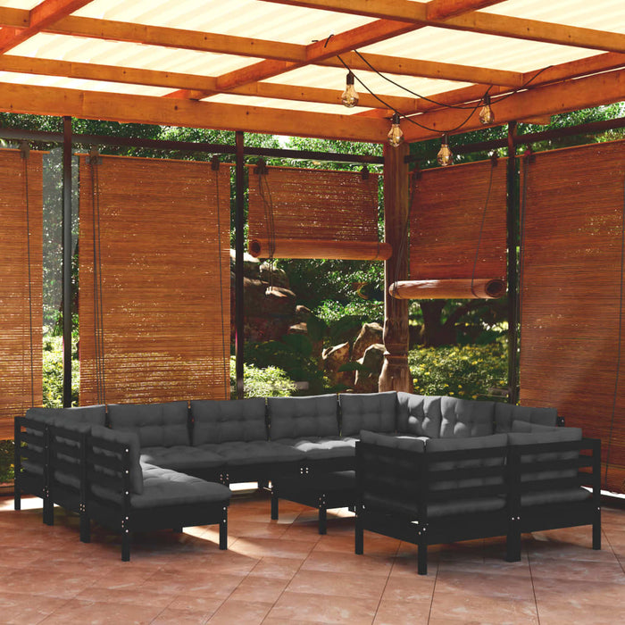 12-tlg. Garten-Lounge-Set mit Kissen Schwarz Massivholz Kiefer