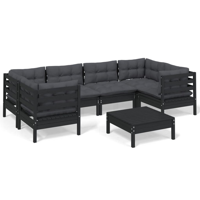 7-tlg. Garten-Lounge-Set mit Kissen Schwarz Kiefernholz