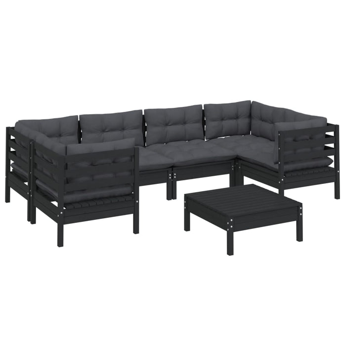 7-tlg. Garten-Lounge-Set mit Kissen Schwarz Kiefernholz