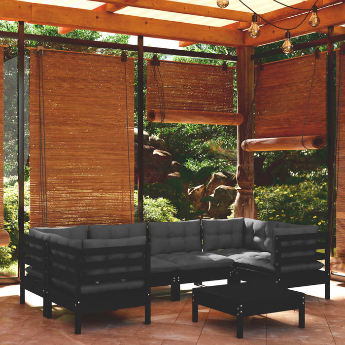 7-tlg. Garten-Lounge-Set mit Kissen Schwarz Kiefernholz