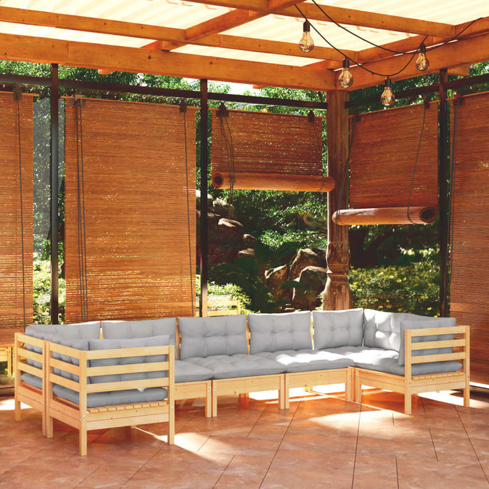 7-tlg. Garten-Lounge-Set mit Grauen Kissen Kiefernholz