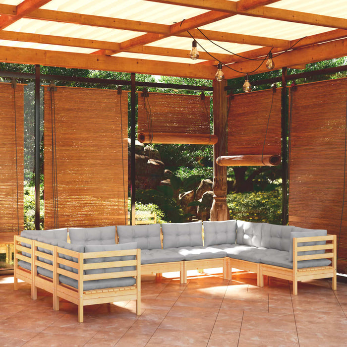 9-tlg. Garten-Lounge-Set mit Grauen Kissen Kiefernholz