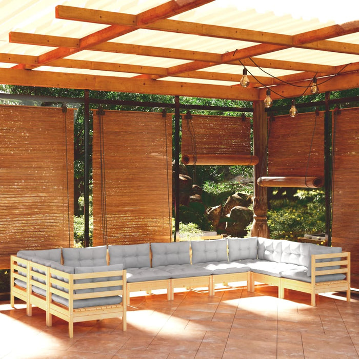 10 pcs. Garden lounge set with gray pine cushions