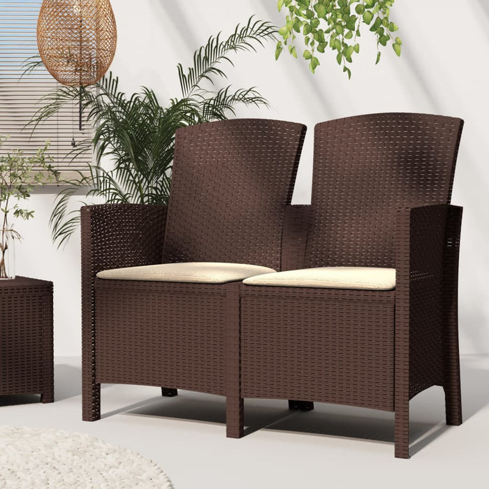 2-seater garden bench with cushion PP rattan brown