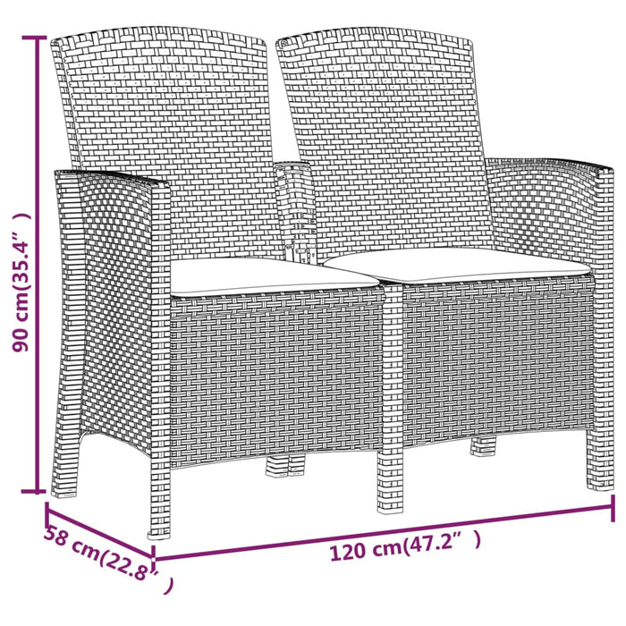 2-seater garden bench with cushion PP rattan graphite