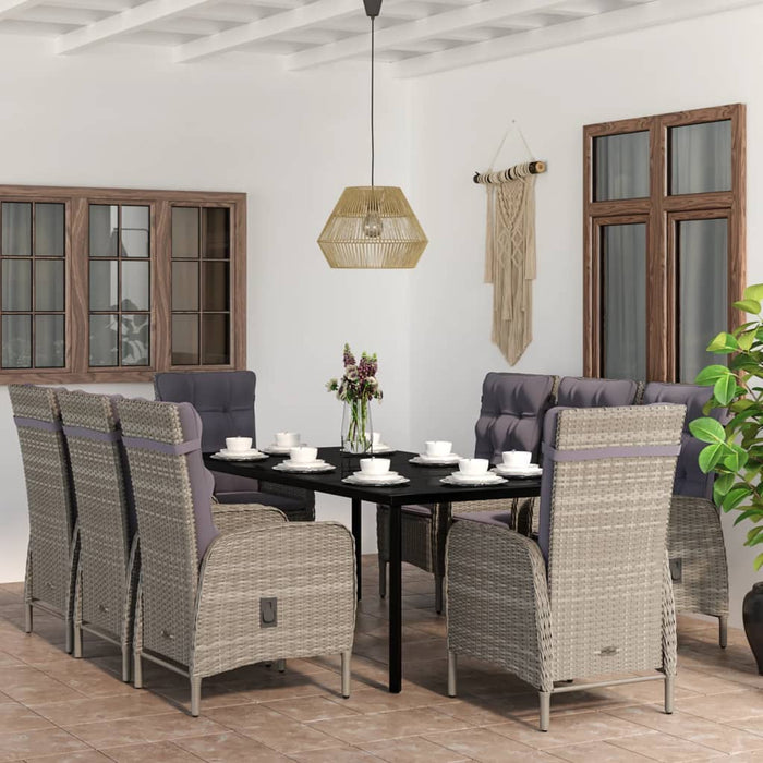 9 pcs. Garden dining group with gray and black cushions