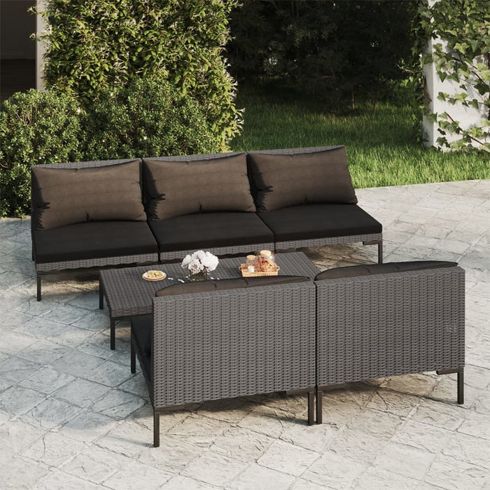 6-tlg. Garten-Lounge-Set mit Kissen Poly Rattan Dunkelgrau