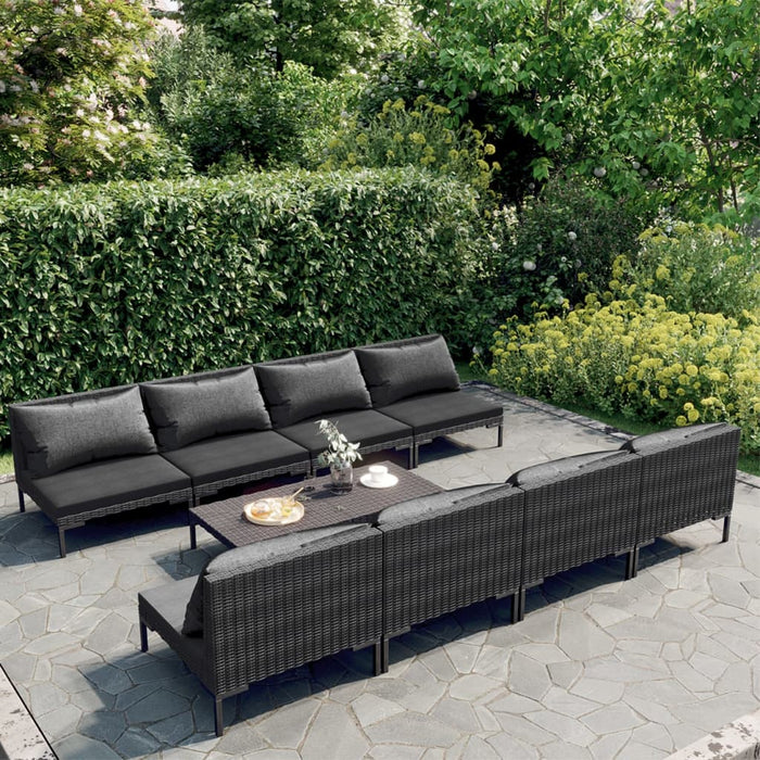 9-tlg. Garten-Lounge-Set mit Kissen Poly Rattan Dunkelgrau