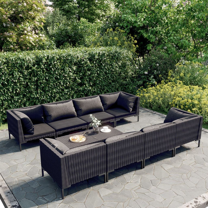 9-tlg. Garten-Lounge-Set mit Kissen Poly Rattan Dunkelgrau