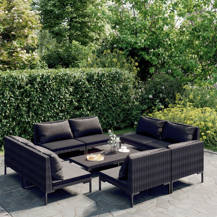 9-tlg. Garten-Lounge-Set mit Kissen Poly Rattan Dunkelgrau