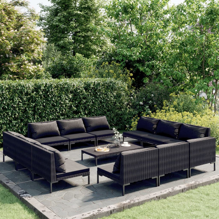 13-tlg. Garten-Lounge-Set mit Kissen Poly Rattan Dunkelgrau