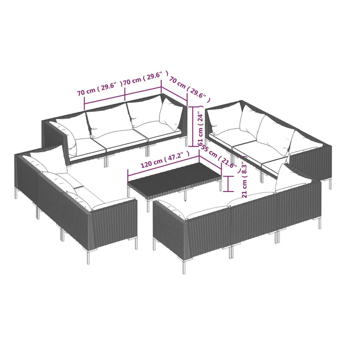 13-tlg. Garten-Lounge-Set mit Kissen Poly Rattan Dunkelgrau