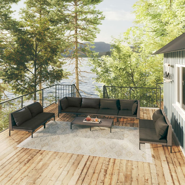 9-tlg. Garten-Lounge-Set mit Kissen Poly Rattan Dunkelgrau