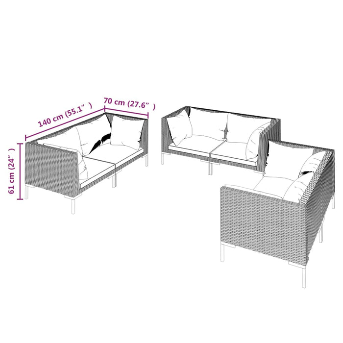 6-tlg. Garten-Lounge-Set mit Auflagen Poly Rattan Dunkelgrau