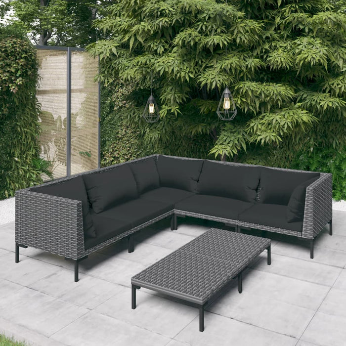 6-tlg. Garten-Lounge-Set mit Auflagen Poly Rattan Dunkelgrau