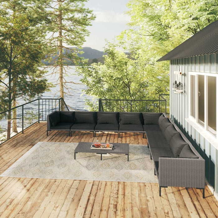 10-tlg. Garten-Lounge-Set mit Kissen Poly Rattan Dunkelgrau