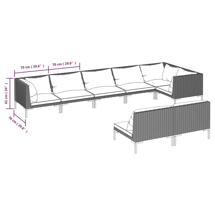 8-tlg. Garten-Lounge-Set mit Kissen Poly Rattan Dunkelgrau