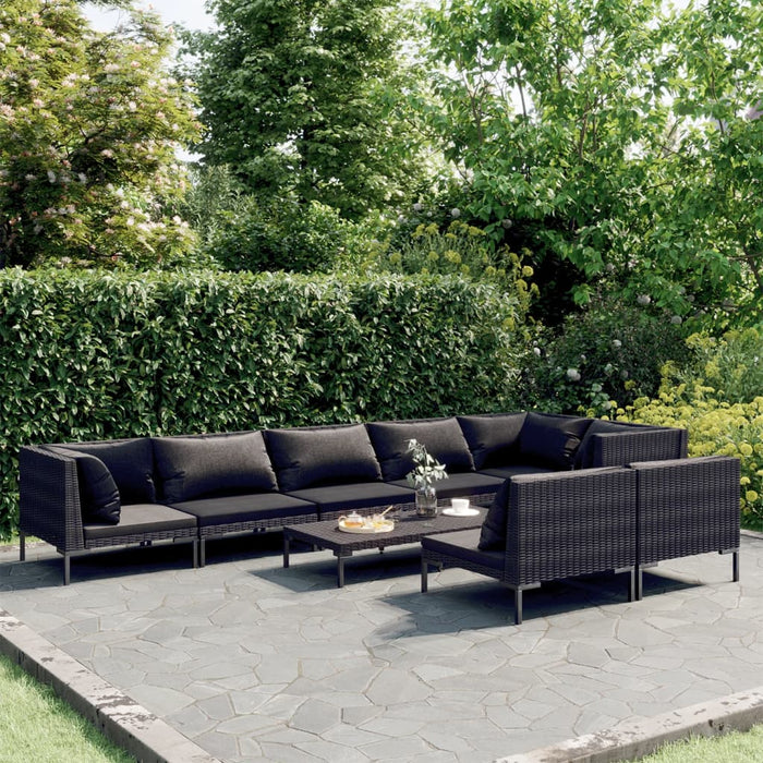 9-tlg. Garten-Lounge-Set mit Kissen Poly Rattan Dunkelgrau