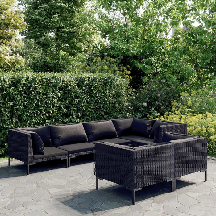7-tlg. Garten-Lounge-Set mit Kissen Poly Rattan Dunkelgrau
