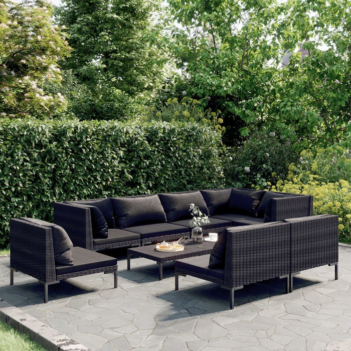 9-tlg. Garten-Lounge-Set mit Kissen Poly Rattan Dunkelgrau