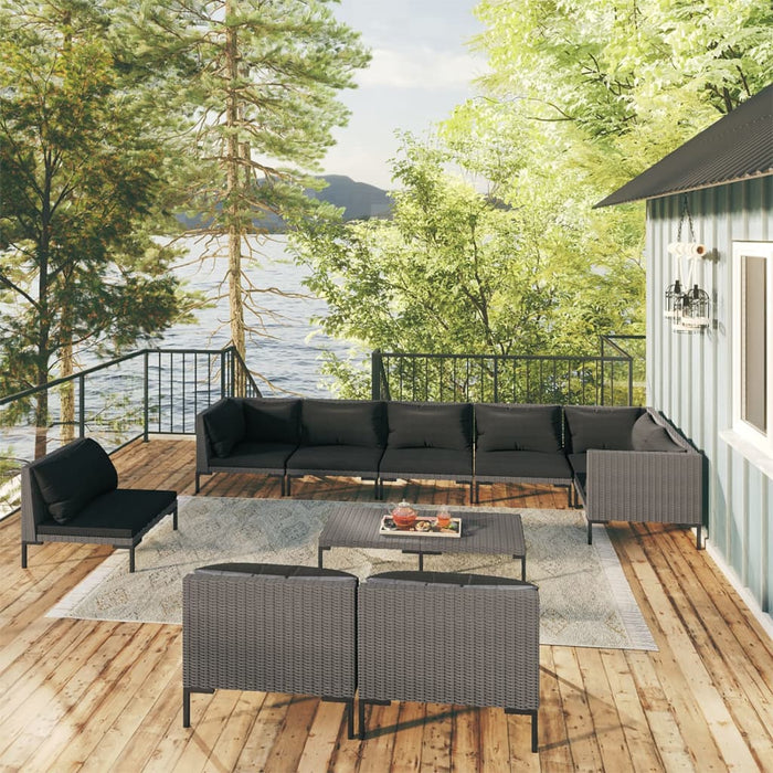 10-tlg. Garten-Lounge-Set mit Kissen Poly Rattan Dunkelgrau