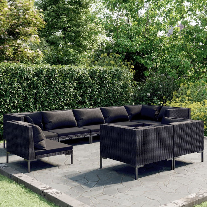 9-tlg. Garten-Lounge-Set mit Kissen Rundes Rattan Dunkelgrau