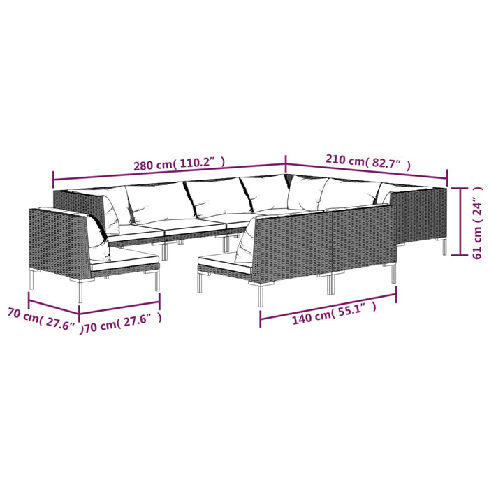 9-tlg. Garten-Lounge-Set mit Auflagen Poly Rattan Dunkelgrau