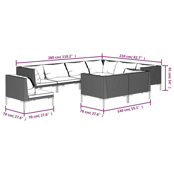 9-tlg. Garten-Lounge-Set mit Auflagen Poly Rattan Dunkelgrau
