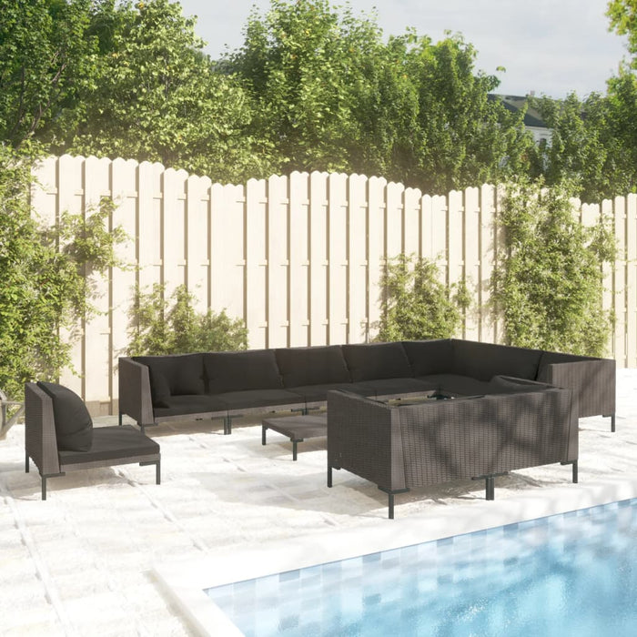 11-tlg. Garten-Lounge-Set mit Auflagen Poly Rattan Dunkelgrau
