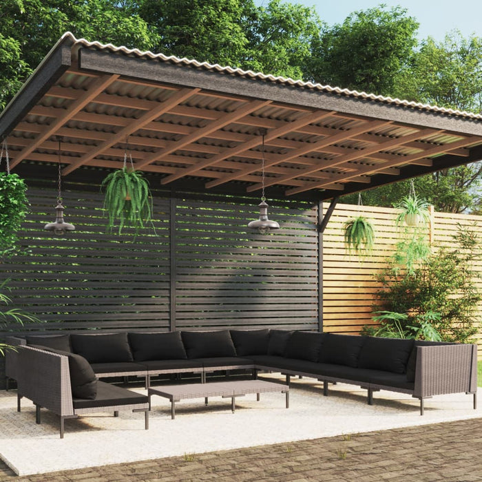 12-tlg. Garten-Lounge-Set mit Auflagen Poly Rattan Dunkelgrau