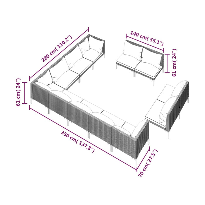 12-tlg. Garten-Lounge-Set mit Auflagen Poly Rattan Dunkelgrau