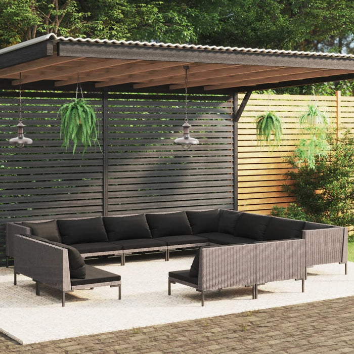 12-tlg. Garten-Lounge-Set mit Auflagen Poly Rattan Dunkelgrau