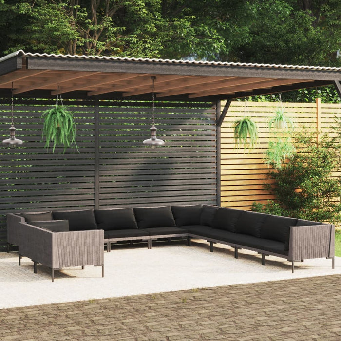 11-tlg. Garten-Lounge-Set mit Auflagen Poly Rattan Dunkelgrau