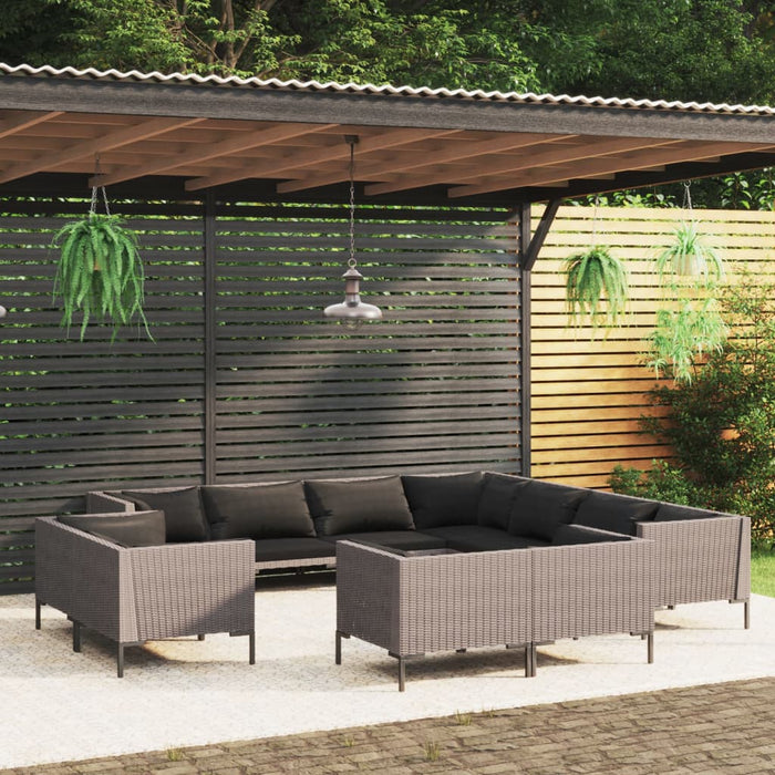 11-tlg. Garten-Lounge-Set mit Auflagen Poly Rattan Dunkelgrau